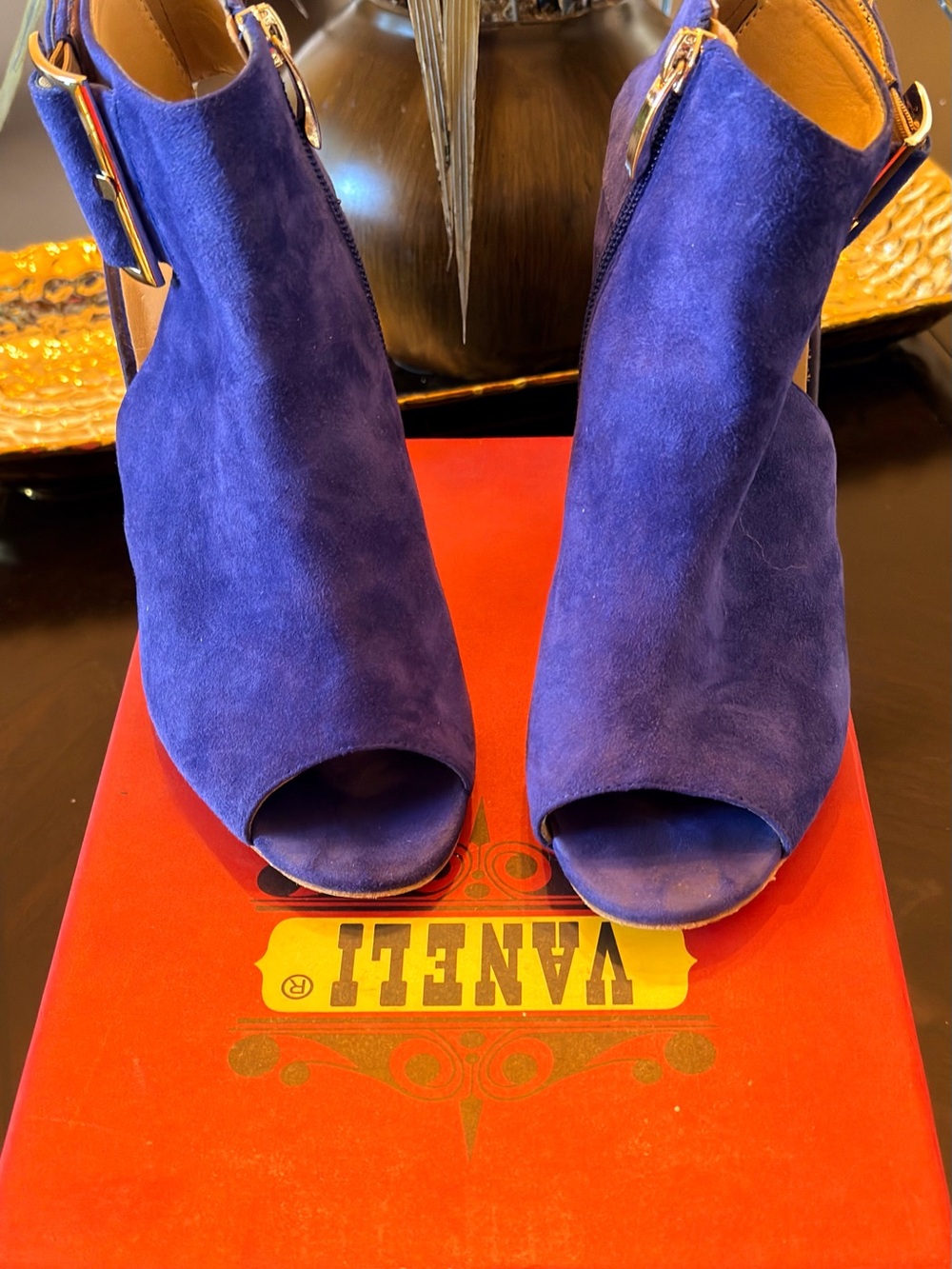Vaneli Royal Blue Suede Peep-Toe Slingback Booties